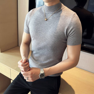 春秋半高领打底衫男青年S码修身毛衣潮短袖针织衫半袖中领内搭T恤
