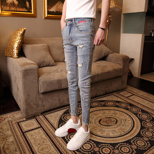 27修身 小脚牛仔裤 潮薄款 精神小伙九分裤 毛边破洞裤 26码 个性 男 小码