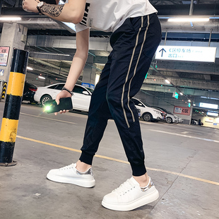 夏季薄款冰丝九分裤男XS码矮个子26码27束脚哈伦裤条纹修身休闲裤