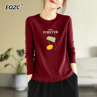 棉质圆领长袖t恤女士秋装宽松2025新款大码洋气减龄正肩百搭上衣