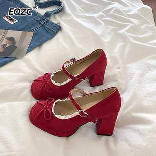 高端8CM红色法式玛丽珍鞋女2026春新款复古玛丽珍单鞋粗跟高跟鞋