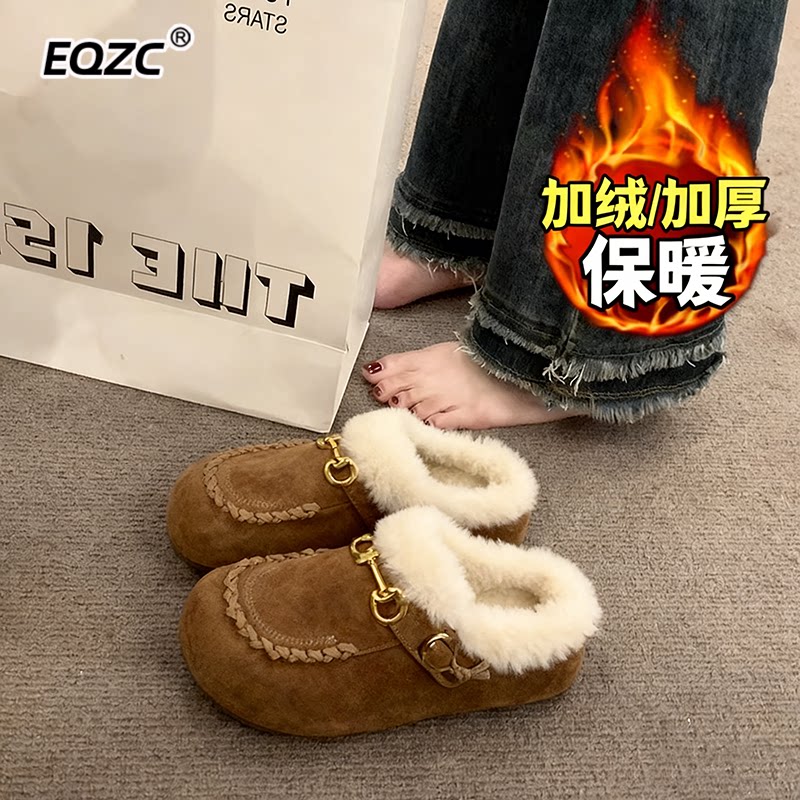 厚底内增高加绒勃肯包头半拖鞋女外穿2026新款保暖棉拖鞋34码
