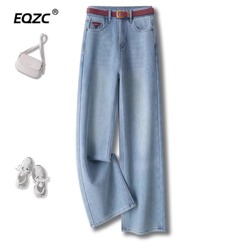 浅蓝色直筒牛仔裤女士2025春秋冬新款高腰复古宽松窄版百搭阔腿裤