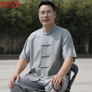 男夏季 中国风复古短袖 中老年人爸爸夏装 休闲爷爷衣服 唐装 套装 薄款