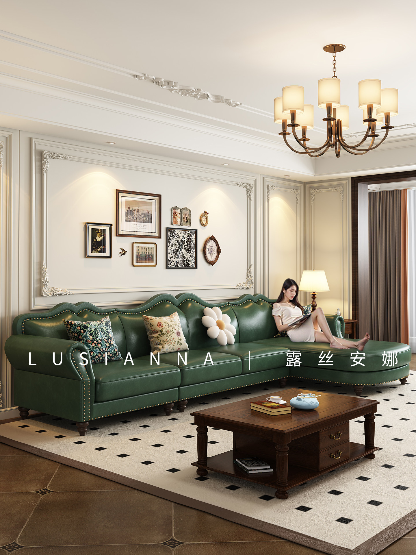 Vintage Leather Corner Sofa: Dark Green Waxed Wood - Taobao product photo 2