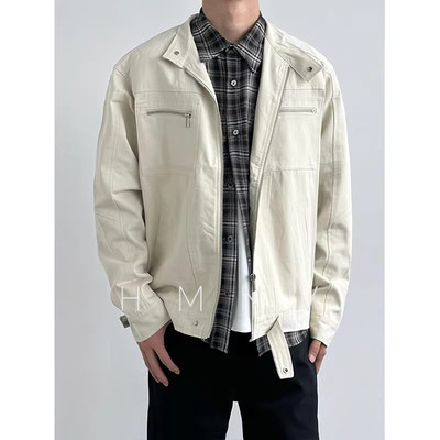 HMN Studio复古哈灵顿水洗帆布夹克男美式潮牌秋立领休闲工装外套