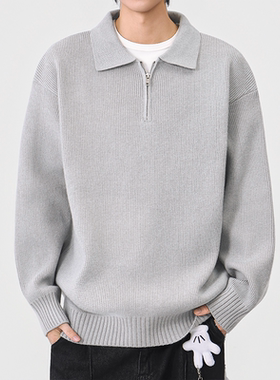 HMN Studio美式复古翻领POLO针织衫男女新款宽松百搭休闲毛衣外套