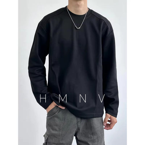 HMN Studio美式复古正肩重磅纯色长袖t恤男宽松简约cleanfit打底
