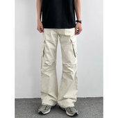 Studio美式 复古米白色多口袋工装 裤 HMN 男女阔腿褶皱伞兵直筒裤