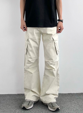 HMN Studio美式复古米白色多口袋工装裤男女阔腿褶皱伞兵直筒裤