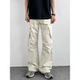 Studio美式 复古米白色多口袋工装 裤 HMN 男女阔腿褶皱伞兵直筒裤