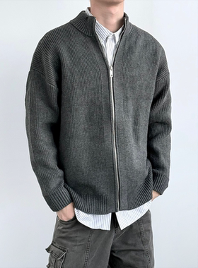 HMN Studio美式复古立领针织开衫毛衣男秋冬新款宽松休闲百搭外套