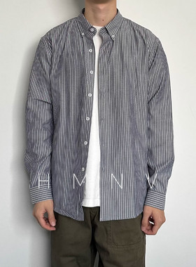 HMN Studio2024新款春秋日系复古开衫长袖条纹衬衫男休闲潮流衬衣