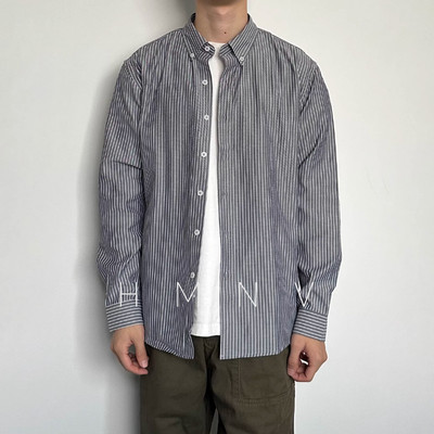 HMN Studio2024新款春秋日系复古开衫长袖条纹衬衫男休闲潮流衬衣
