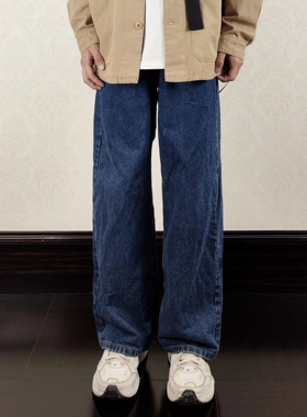 HMN Studio2024春夏新款直筒宽松男士牛仔松紧腰洗水复古长裤
