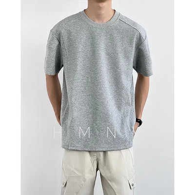 HMN Studio美式复古太空棉空气层正肩短袖T恤分割宽松休闲上衣