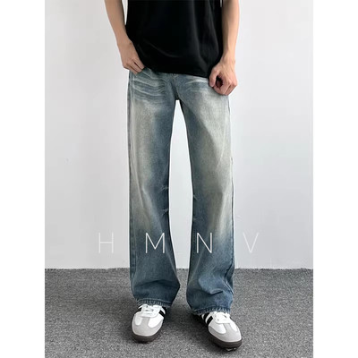 HMN Studio美式复古做旧猫须水洗直筒牛仔裤百搭休闲显高显瘦长裤