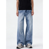 Studio春季 美式 复古冰裂纹微喇牛仔裤 HMN 男宽松阔腿休闲高街长裤