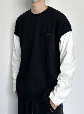 HMN Studio2024春季新款黑白撞色假两件休闲宽松上衣圆领长袖T恤