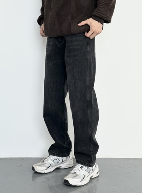 HMN Studio秋冬加绒做旧休闲牛仔裤男直筒黑色蓝色美式潮牌裤子