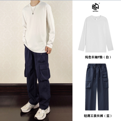 HMN Studio日系春秋简约纯色圆领宽松衫纯棉内搭潮流长袖打底T恤
