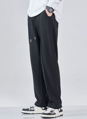 HMN Studio美式卫裤男秋季宽松直筒加绒休闲裤垂感黑色运动长裤子