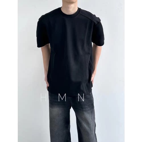 HMN Studio美式复古300g重磅纯色短袖t恤男宽松简约cleanfit打底