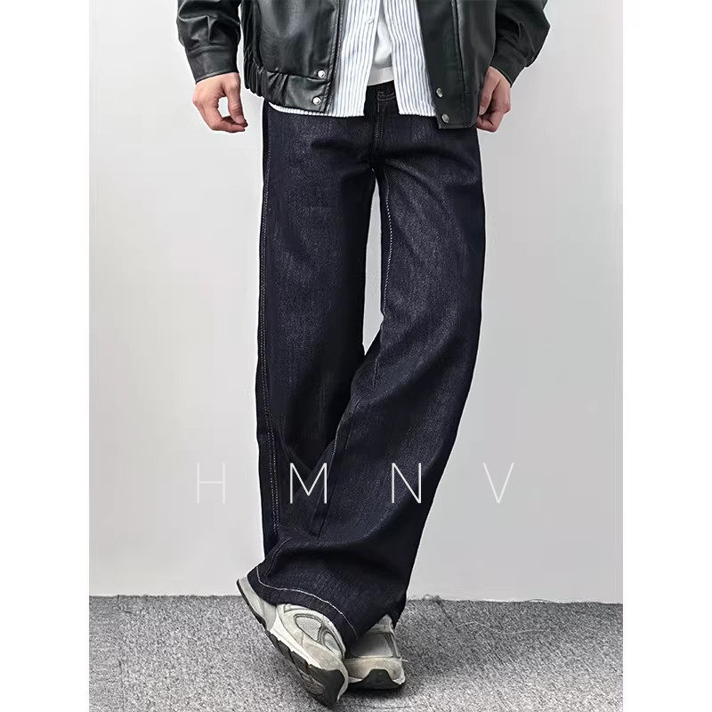 HMN Studio美式直筒原色牛仔裤宽松丹宁水洗做旧简约休闲阔腿裤子