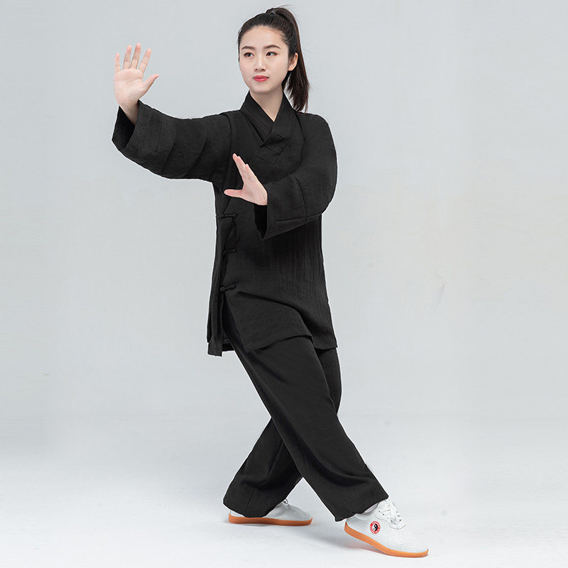 中国风传统禅修三清领道服棉麻练功服套装太极服透气飘逸黑白色