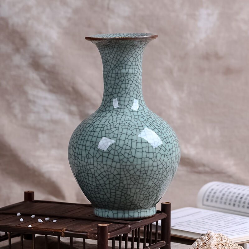 loyo景德镇瓷器工艺品新中式仿古官窑裂釉陶瓷花瓶电视柜台面小花