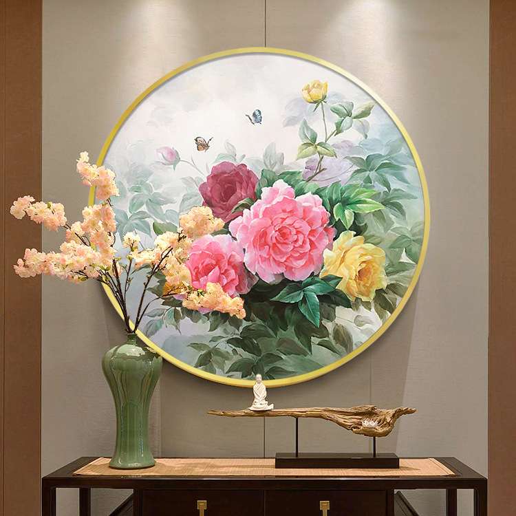 来图制作 纯手绘油画圆形外框花卉风景客厅玄关新中式现代装饰画图片