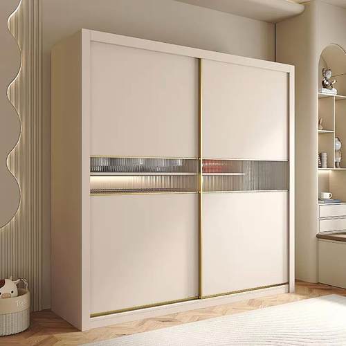 法式奶油风推拉门衣柜家用卧室轻奢小户型玻璃移门收纳组装大衣橱