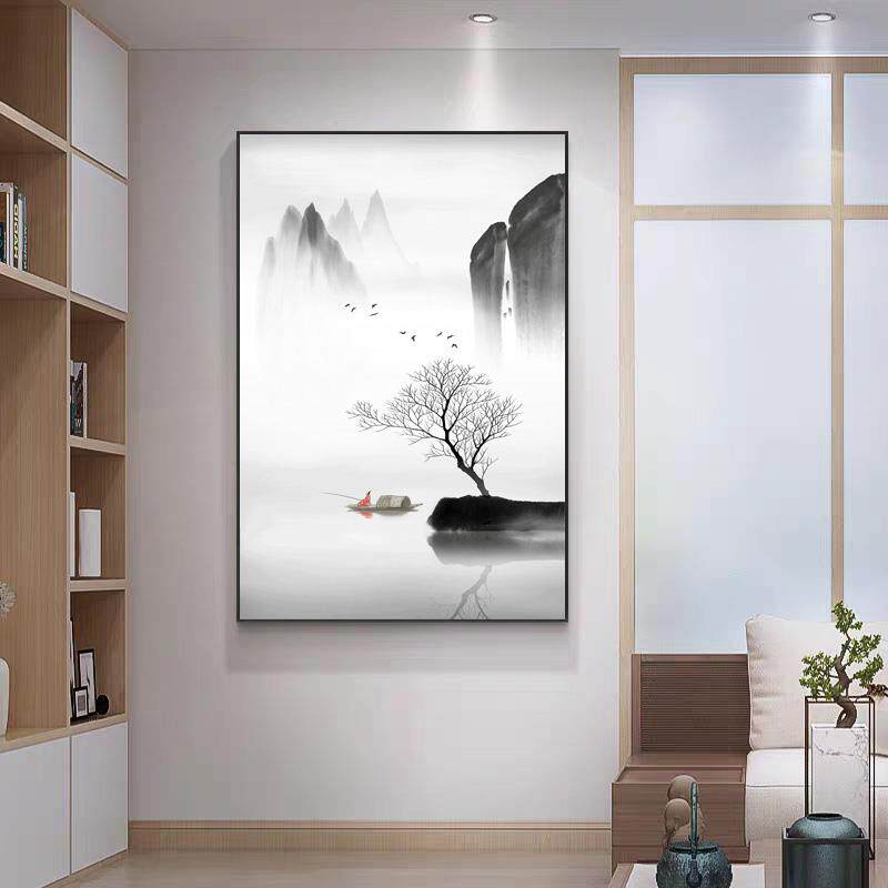 玄关装饰画山水画新中式客厅挂画竖版入户正对门墙画走廊过道壁画