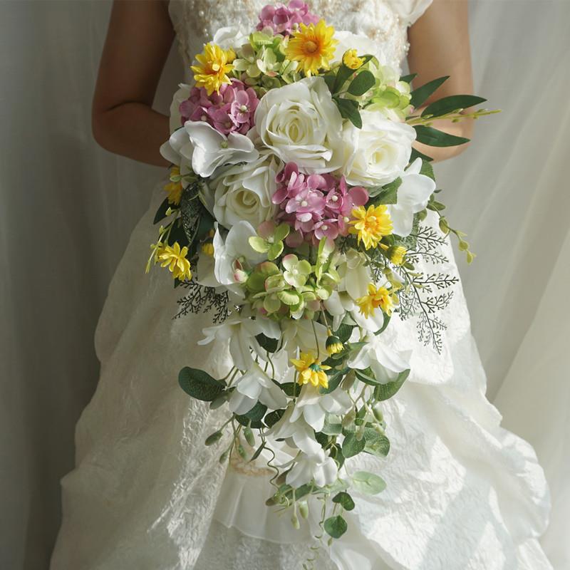 直销仿真新娘手捧花束庭院浪漫婚礼欧美瀑布水滴下垂式玫瑰花