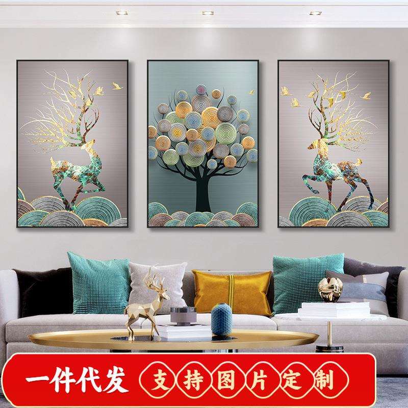 2022新款轻奢5d钻石画麋鹿满钻三联画十字绣客厅现代点钻钻石绣