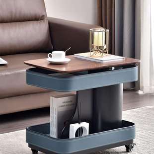 实木升降茶几可移动边几客厅边柜意式极简小推车马鞍皮沙发边桌