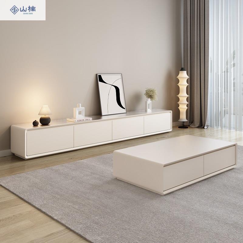 简约现代白色北欧卧室加高客厅地柜奶油风极简组合电视柜茶几