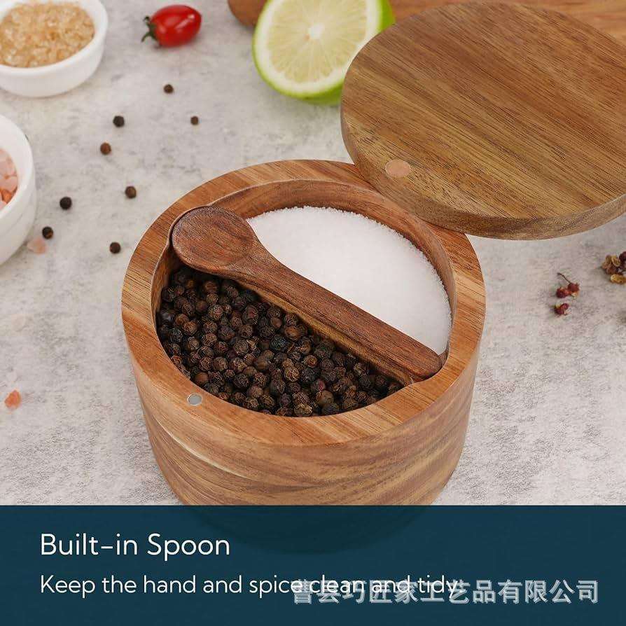 木质厨房调料盒带勺磁吸旋转盒创意厨房用具香料盒分隔实木收纳盒