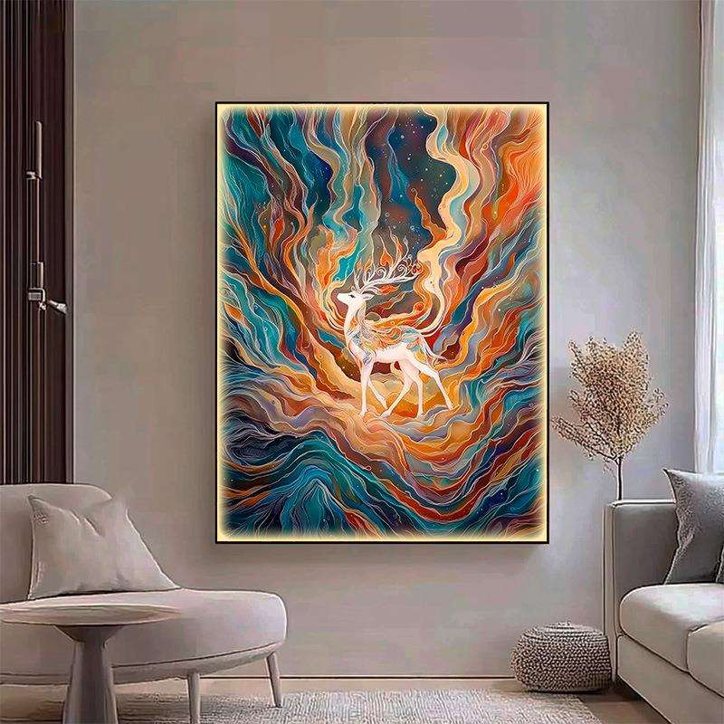 小洲村艺术文艺梦幻彩色线条麋鹿挂画客厅餐厅过道墙壁创意装饰画