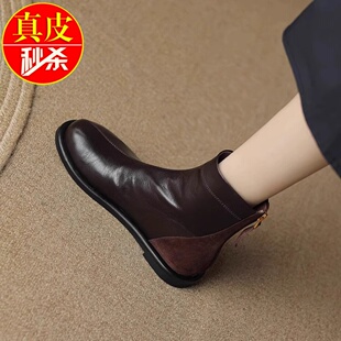 青蕴真皮圆头复古瘦瘦靴女2025秋冬新款平底马丁靴柔软通勤短靴子