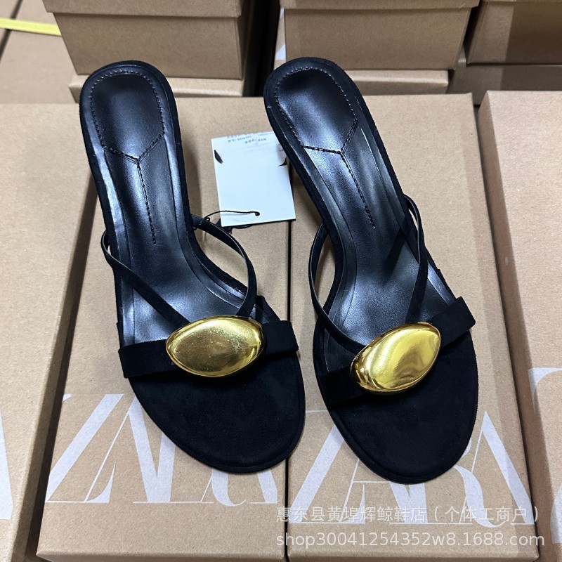 ZAR西班牙2025女鞋黑色金属细节装饰圆头细高跟鞋凉鞋女时尚百搭