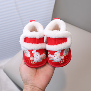 婴儿棉鞋冬季款加绒加厚一1周岁抓周鞋子绣花兔子学步鞋外出棉鞋