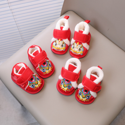 婴儿虎头鞋1周岁宝宝棉加绒秋冬红色新年抓周岁礼学步鞋1-2岁男女