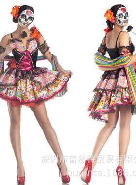 2019年万圣节新款骷髅鬼黑红色新娘僵尸服装夜场DS舞台装演出服