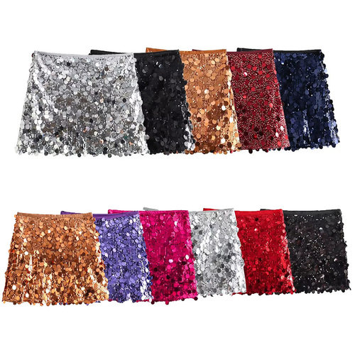 Pure color glitter A baggy short skirt 性感纯色亮片A字包臀裙