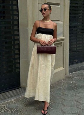 Patchwork backless slingback dress      拼接露背吊带连衣长裙