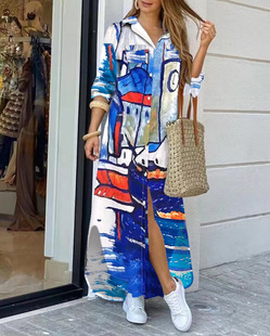 Casual print cardigan long dress 休闲印花开衫长款连衣裙女