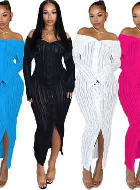 One neck wavy long sleeved dress一字领开叉波浪纹长袖连衣裙女