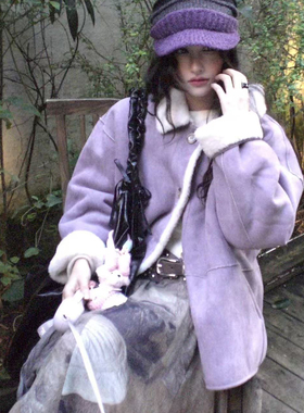 美式复古紫色羊羔毛棉服外套女2025新款宽松休闲皮毛一体保暖上衣