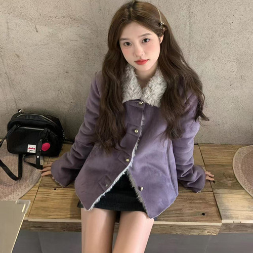 超好看紫色羊羔毛棉服女皮毛一体